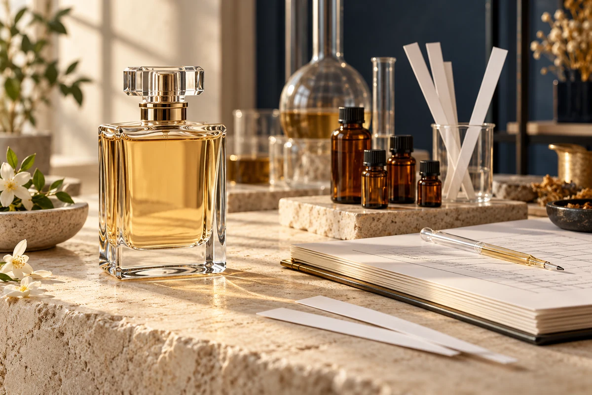 Perfume bottle beside amber laboratory vials and fragrance formula paperwork