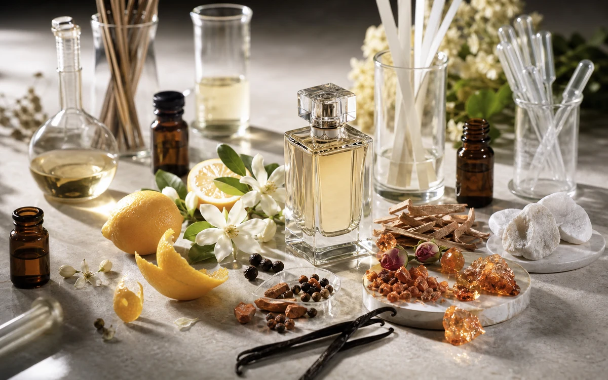 Oriental perfume bottles and warm amber accords