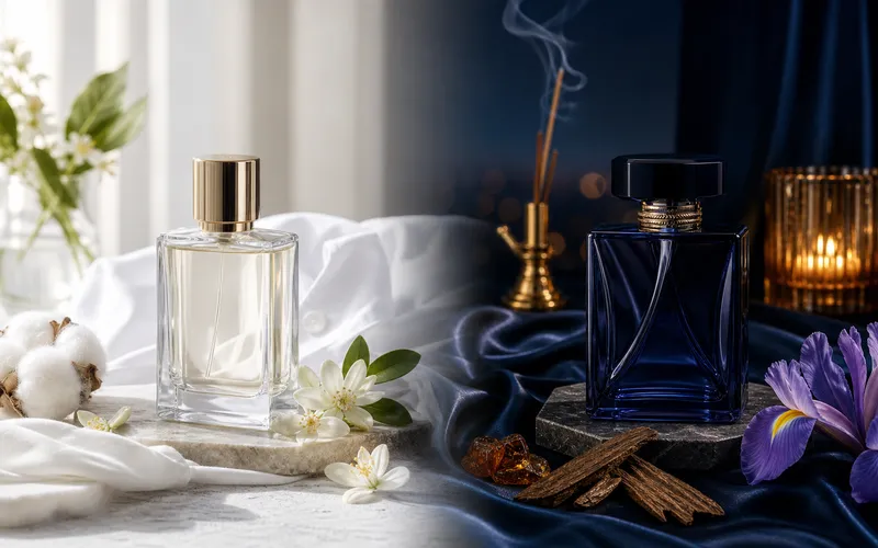 Frascos de perfume en entornos de luz diurna y nocturna