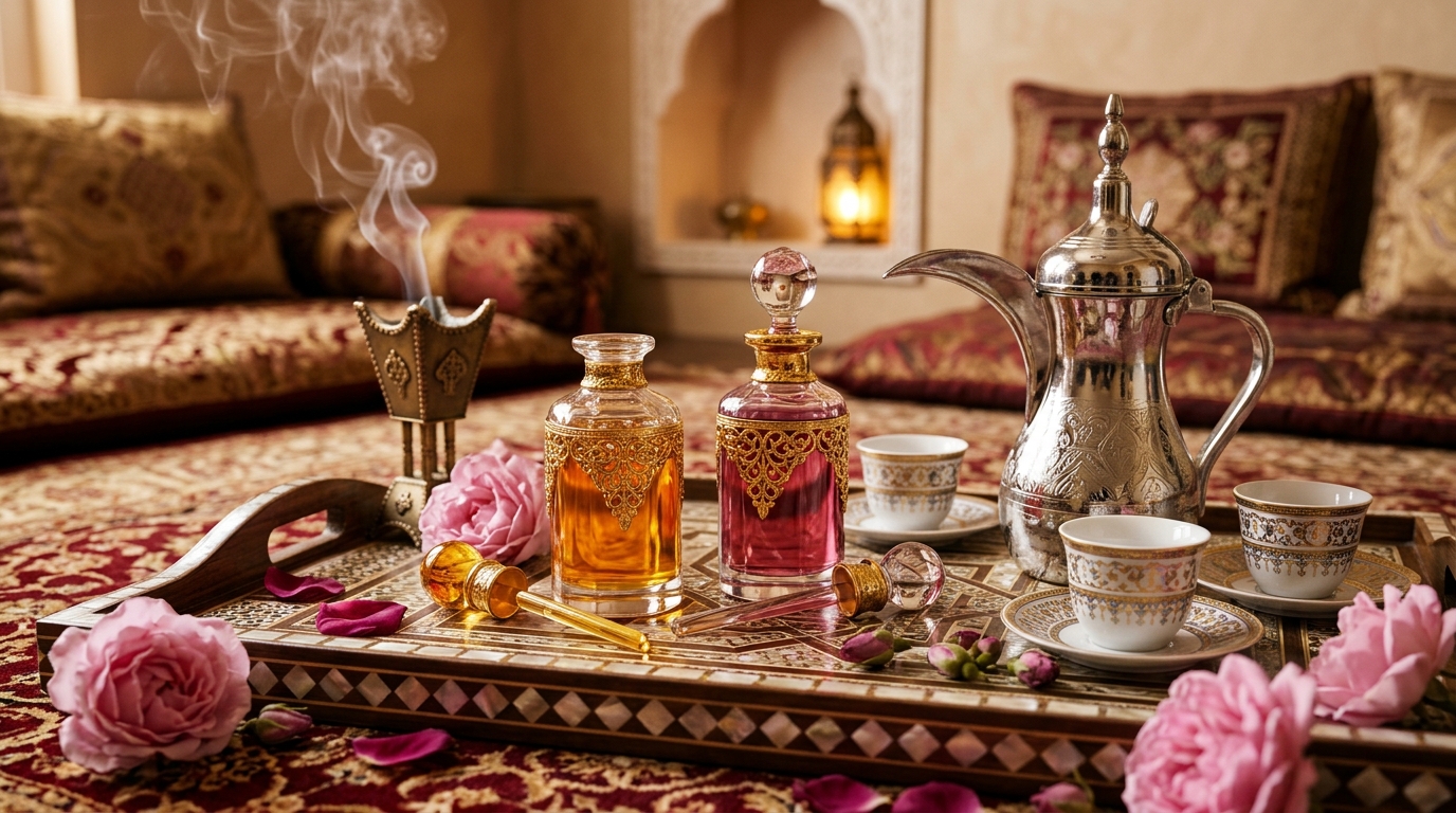 Mesa de hospitalidade tradicional do Majlis com cafeteira dallah, queijeiras e frascos de attar