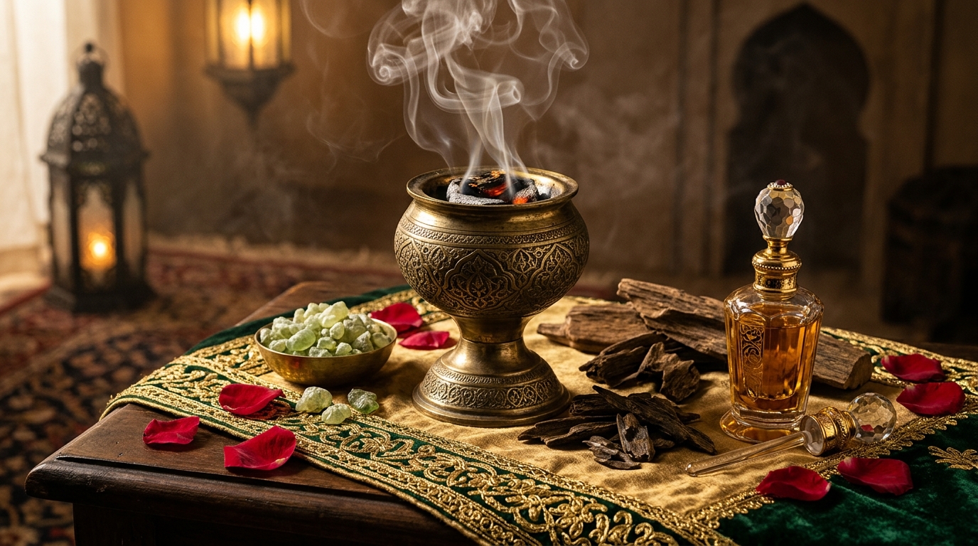 Antique brass Islamic mabkhara incense burner smoldering bakhoor, green Hojari frankincense tears, agarwood oud chips, and golden attar crystal flacon on silk