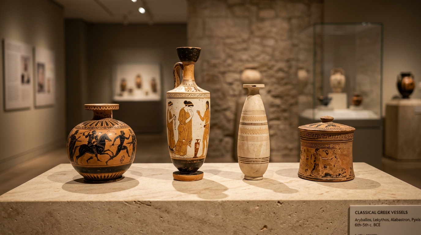 Colección de recipientes cerámicos griegos para perfume con aríbalo de figuras negras, lécito blanco, alabastrón y píxide sobre pedestales de piedra
