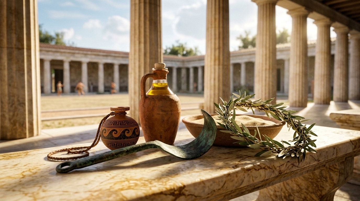 Palestra de la Grecia clásica con estrígilo de bronce, aríbalo globular de terracota y ánfora de aceite bajo columnas dóricas iluminadas por el sol
