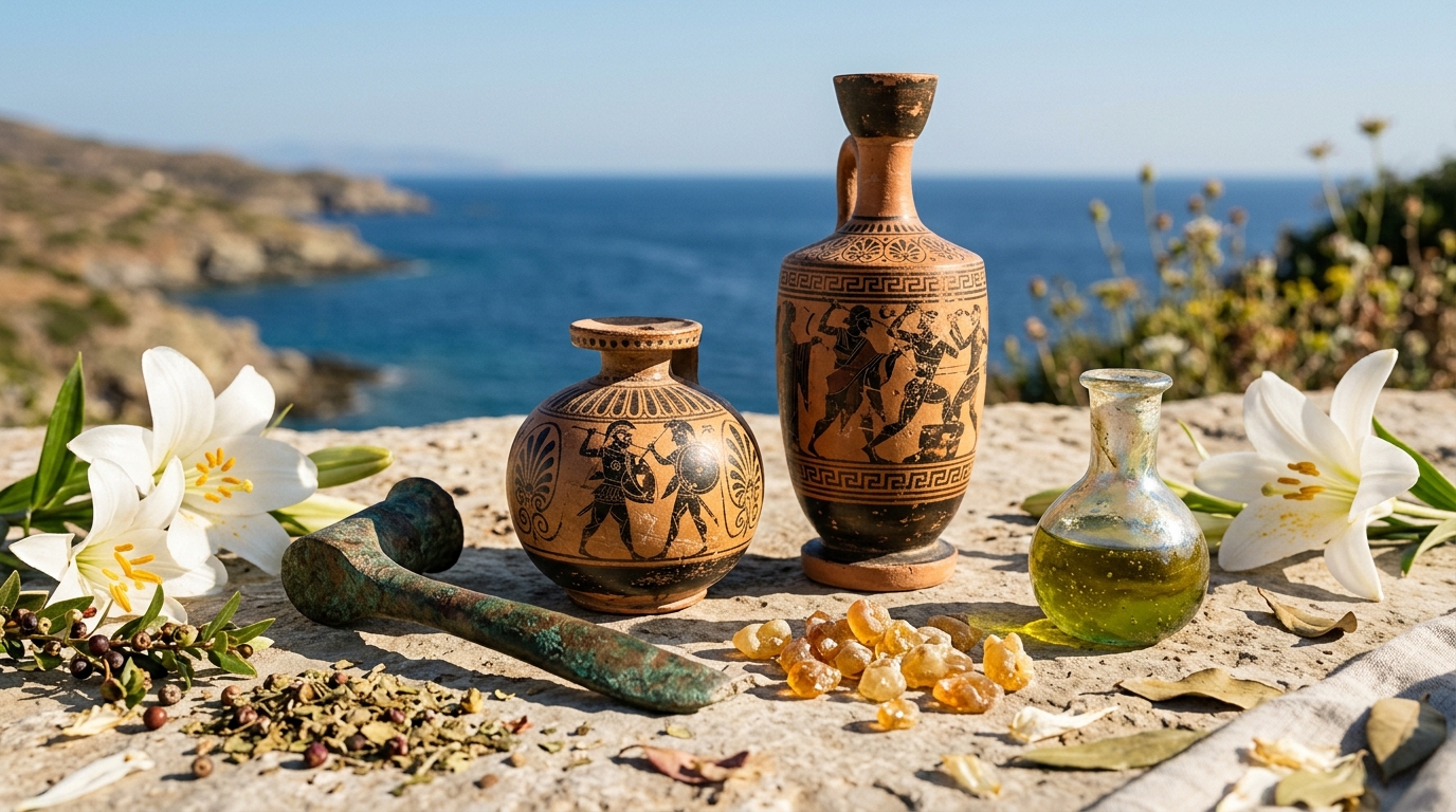 Vasijas griegas antiguas de terracota aríbalo y lécito con figuras negras, estrígilo de bronce, aceite de oliva, resina de ládano y lirios blancos sobre piedra caliza