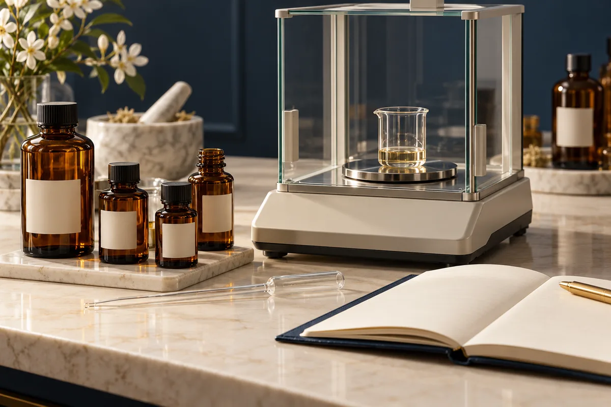 Amber laboratory vials beside an analytical balance and fragrance formula paperwork