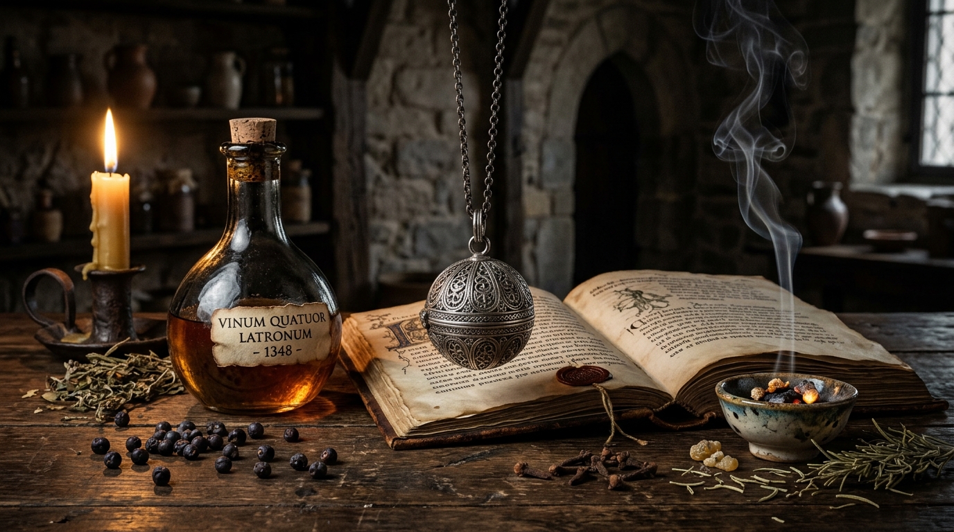 Historical apothecary still life of the Black Death with silver pomander, herbal vinegar, and dried botanicals