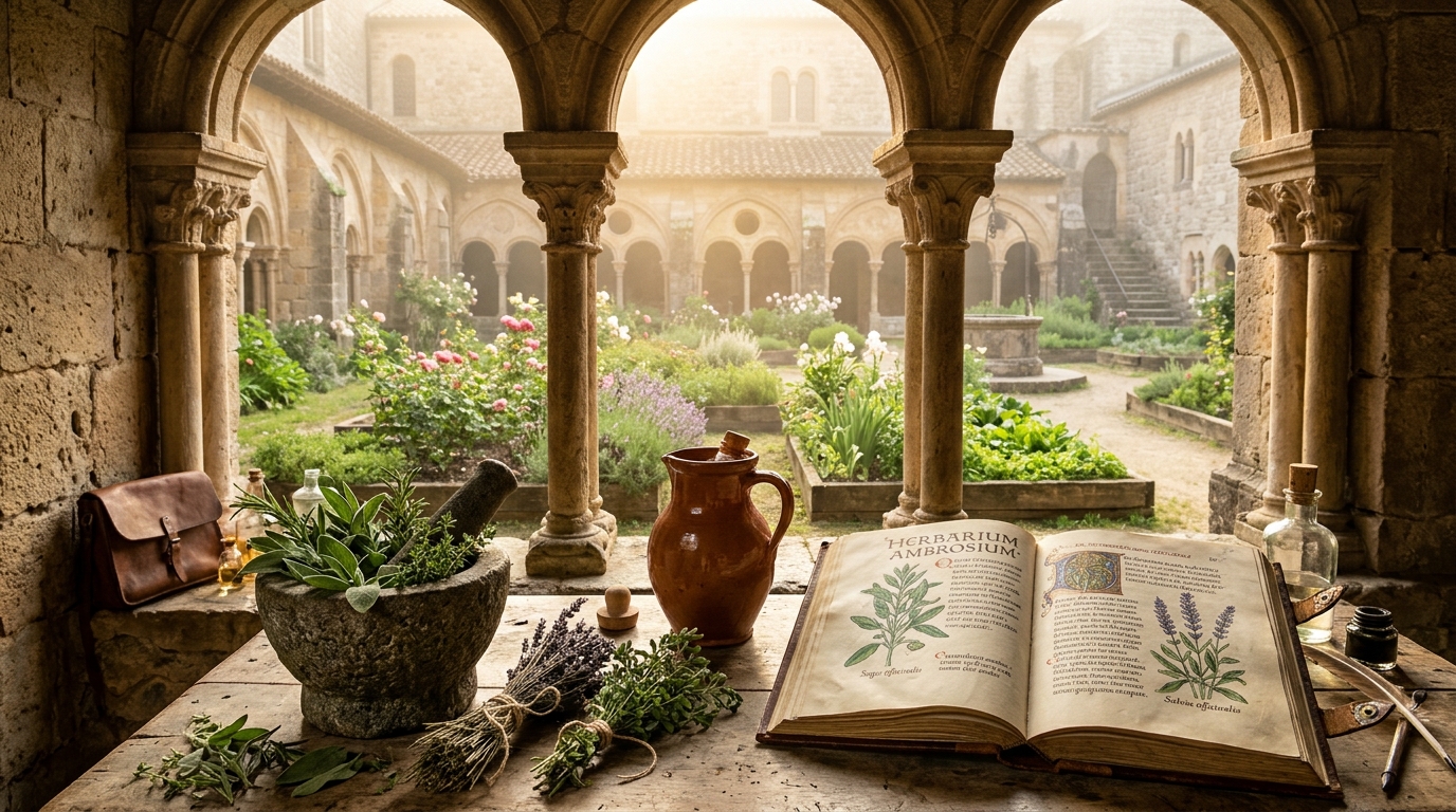Medieval monastery herbalist workbench with stone mortar, lavender bundles, and botanical manuscript