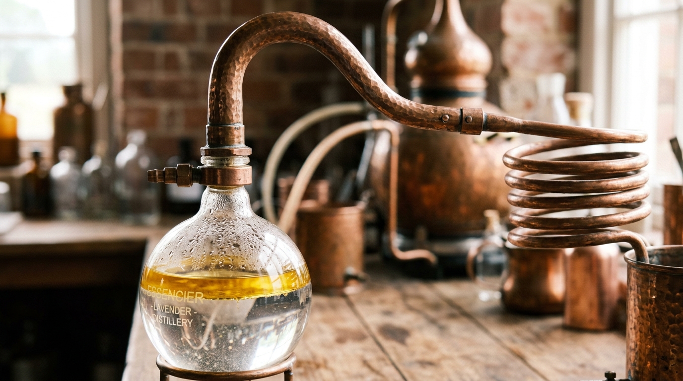 Steam distillation in copper alembic still with Florentine receiver
