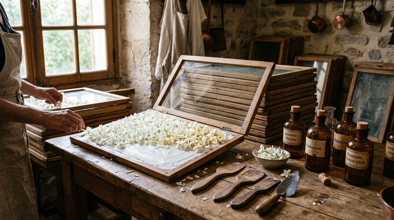Traditional wooden enfleurage chassis in Grasse atelier