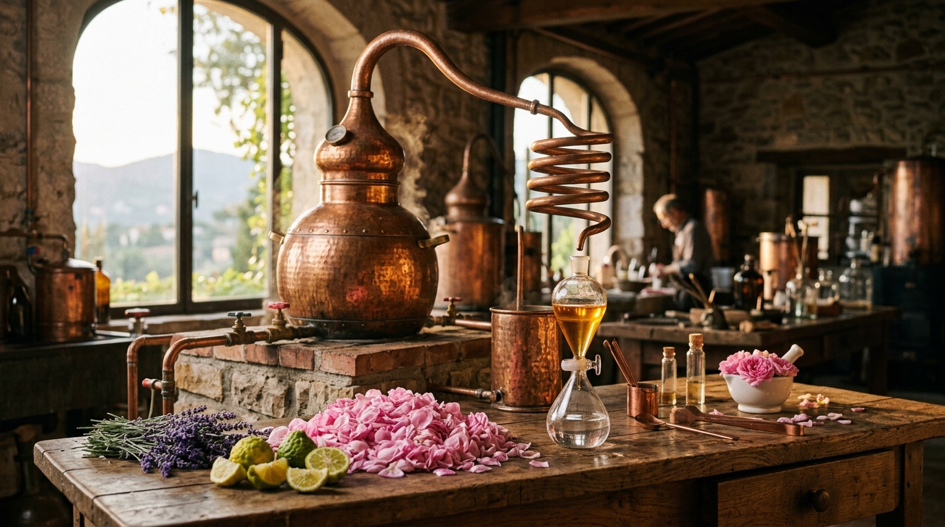 Traditional hammered copper alembic still in artisanal Grasse distillery surrounded by fresh roses, lavender sprigs, and glass Florentine flask
