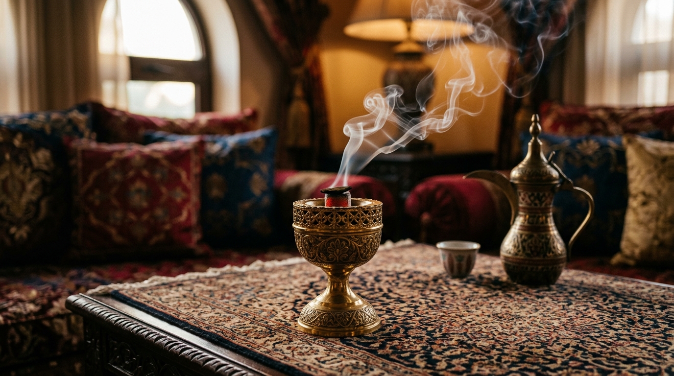 Arabisches Räuchergefäß Mabkhara mit duftendem Bakhoor-Rauch