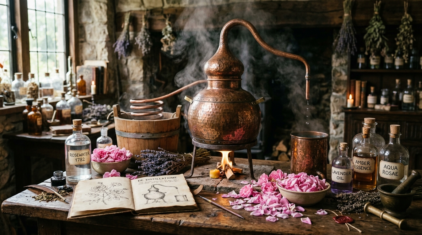 Antique copper alembic still with Damask roses in an alchemist workshop