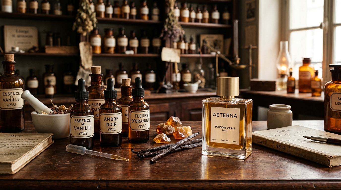 19th-century French apothecary workshop with vintage bottles and modern minimalist niche perfume