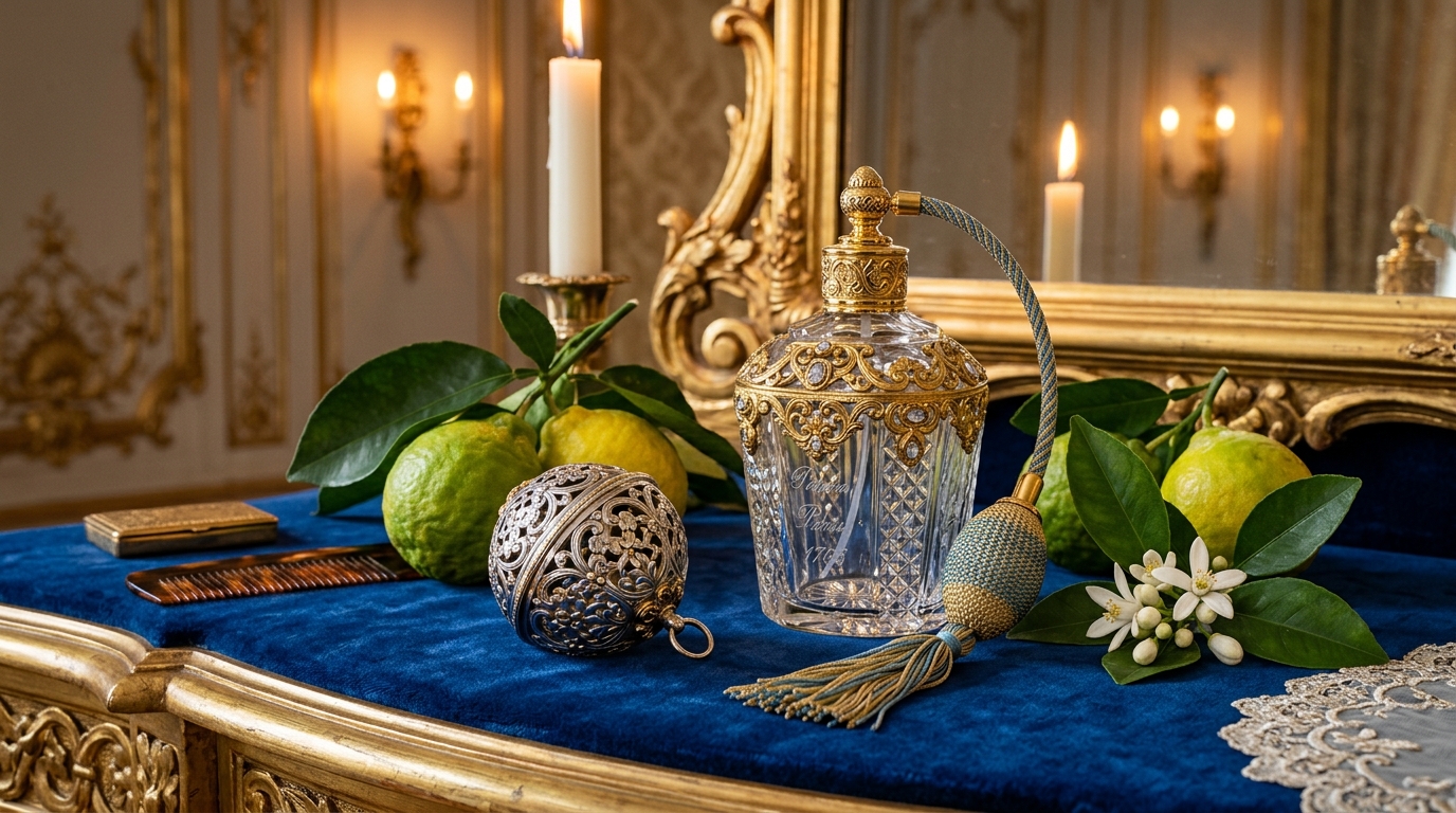 Opulent 18th-century royal dressing table with crystal flacon, silver pomander, and fresh bergamot