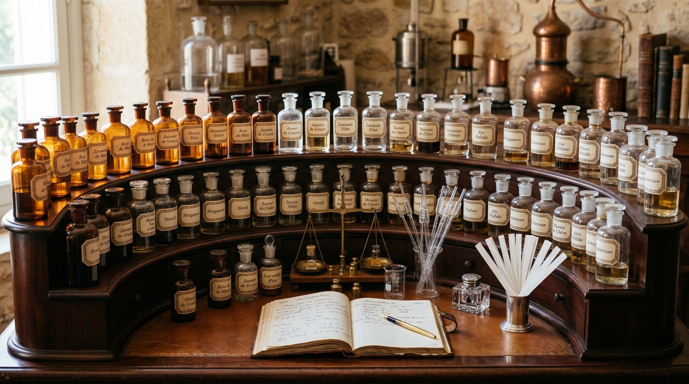 Órgão de perfumista clássico em mogno com frascos de boticário e livro de fórmulas